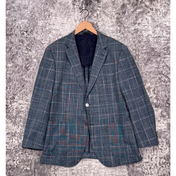 Hugo Boss Jacket 44 Mens Blue Plaid Silk Wool Two Button Sport Coat Blazer